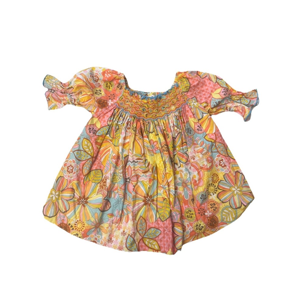 Cukees Embroidered Dress 2T‎ Ruffle Groovy Retro Bright Floral Paisley Cotton
